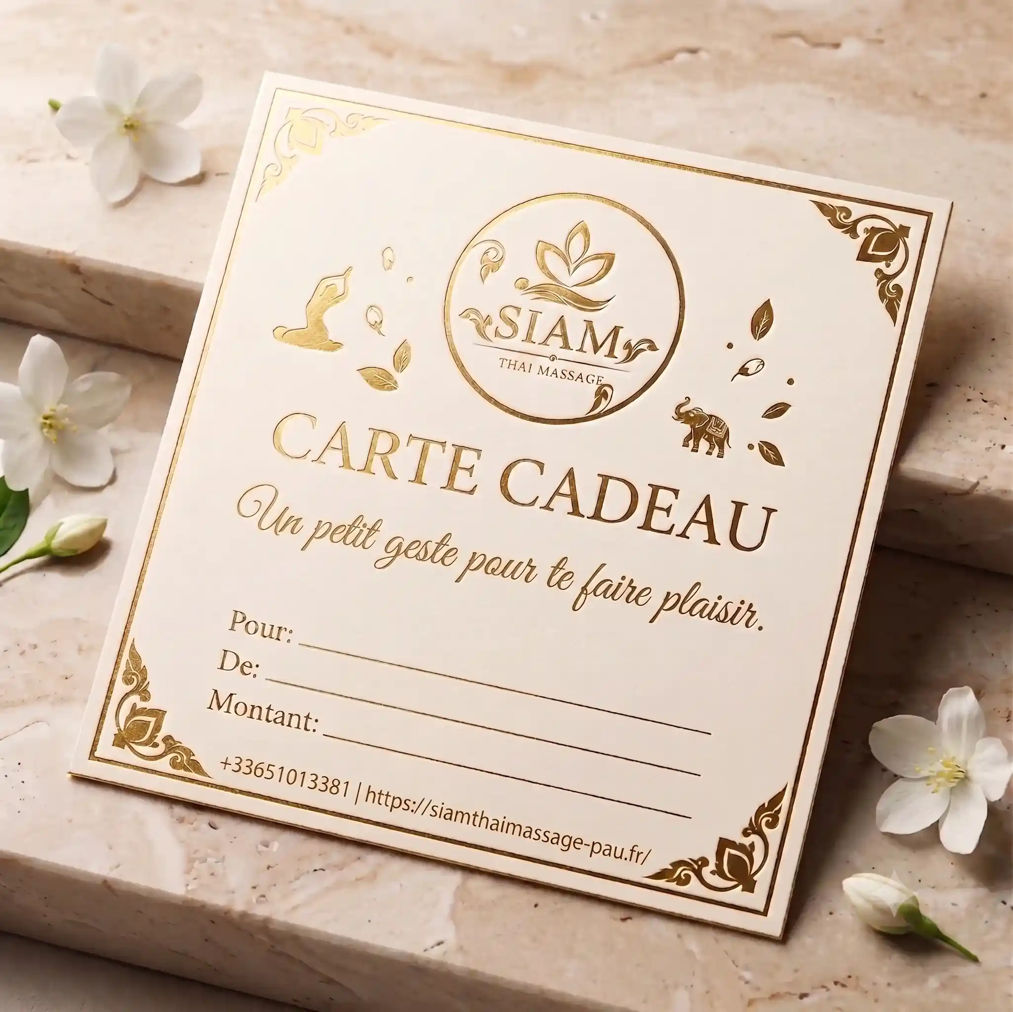 Carte cadeau Siam Thaï Massage, dorure sur papier ivoire